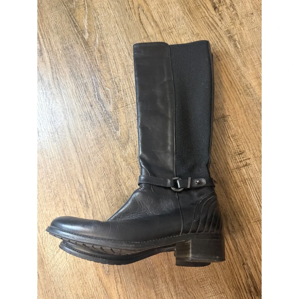 Aquatalia Black Leather Tall Weather Resistant Riding Boots Buckle Detail